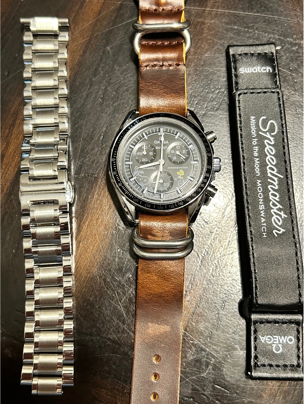Omega x Swatch Speedmaster MoonSwatch Chronograph Watch with Leather Strap and 2